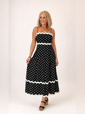 Women’s Black Polka Dot Maxi Dress with Ric Rac Trim Size Medium
